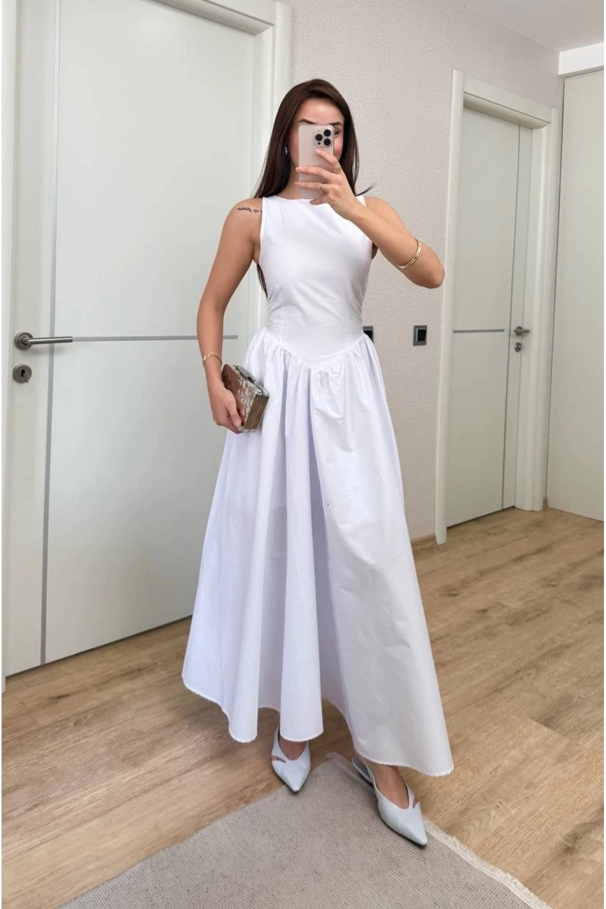 Sifir Kol Beli Oturtmalı Kolsuz Uzun Elbise - Beyaz