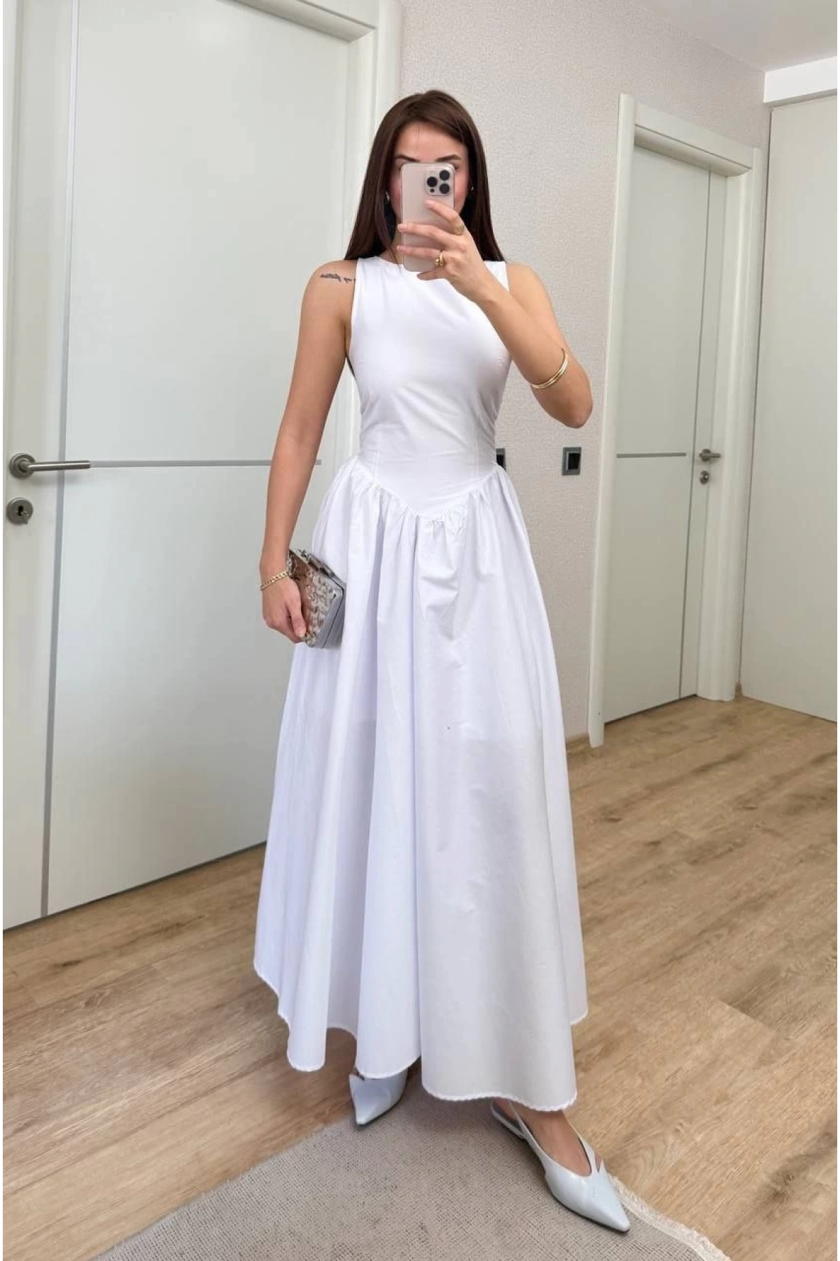 Sifir Kol Beli Oturtmalı Kolsuz Uzun Elbise - Beyaz
