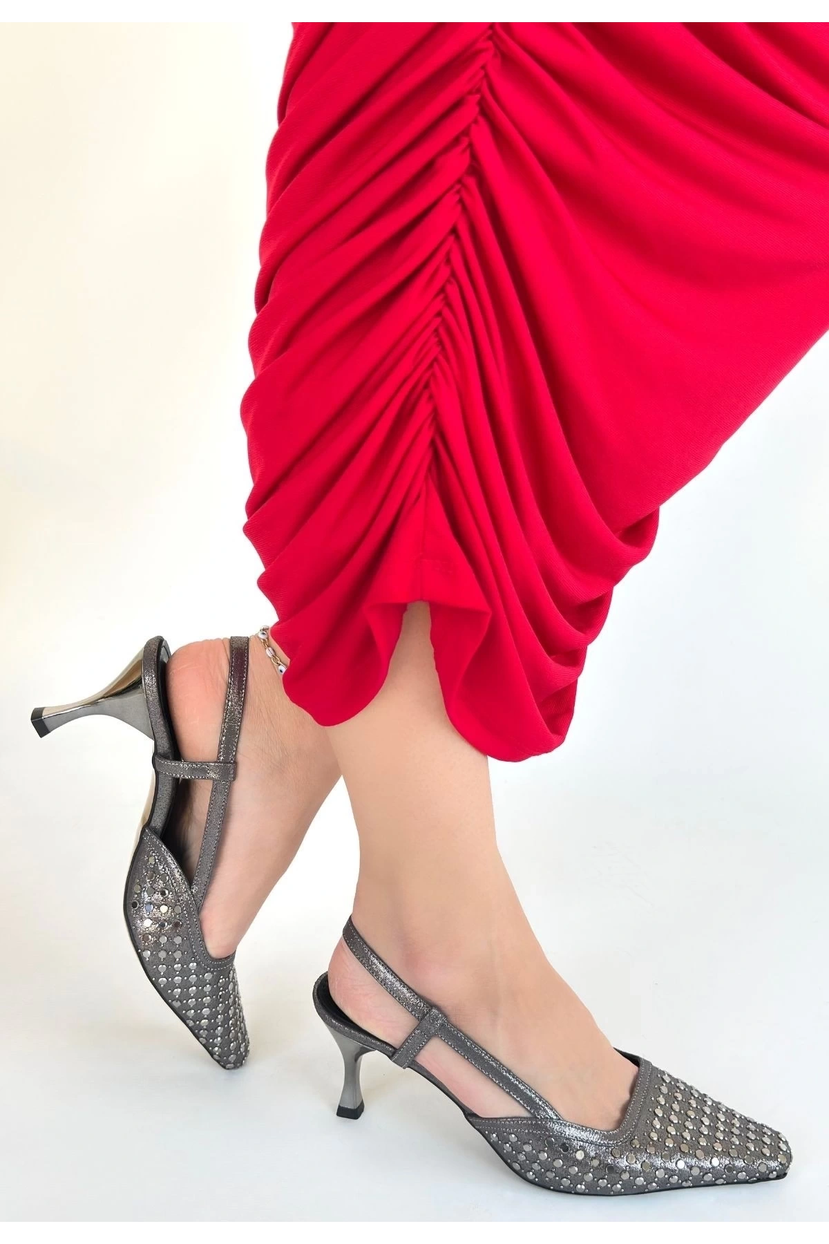 Sione Platin Cilt Topuklu Ayakkabı