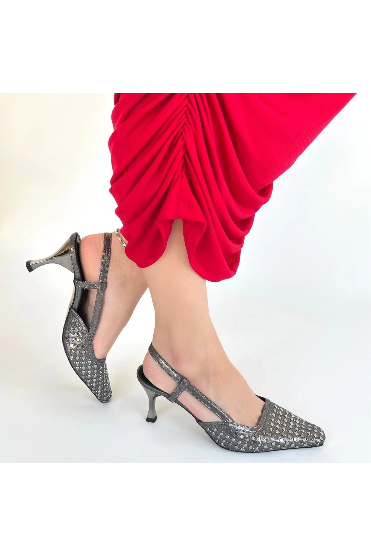 Sione Platin Cilt Topuklu Ayakkabı