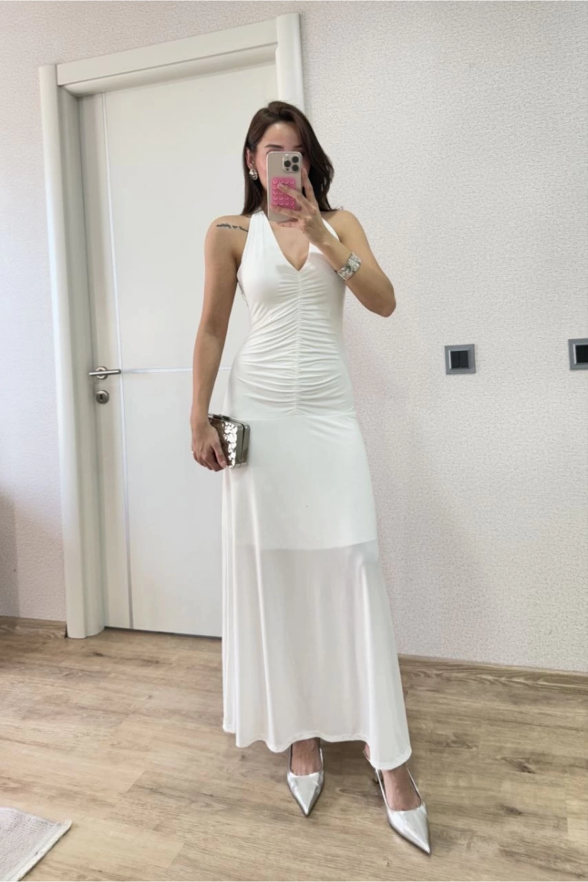 Sırt dekolteli Uzun Elbise - Beyaz