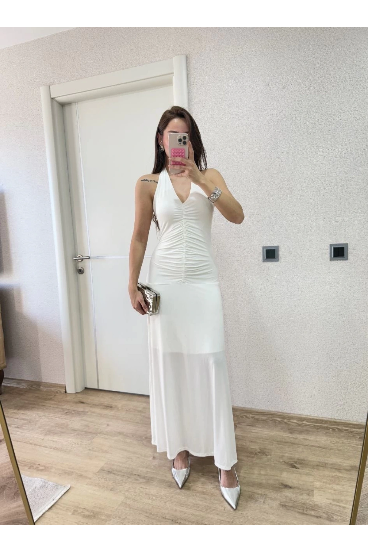 Sırt dekolteli Uzun Elbise - Beyaz