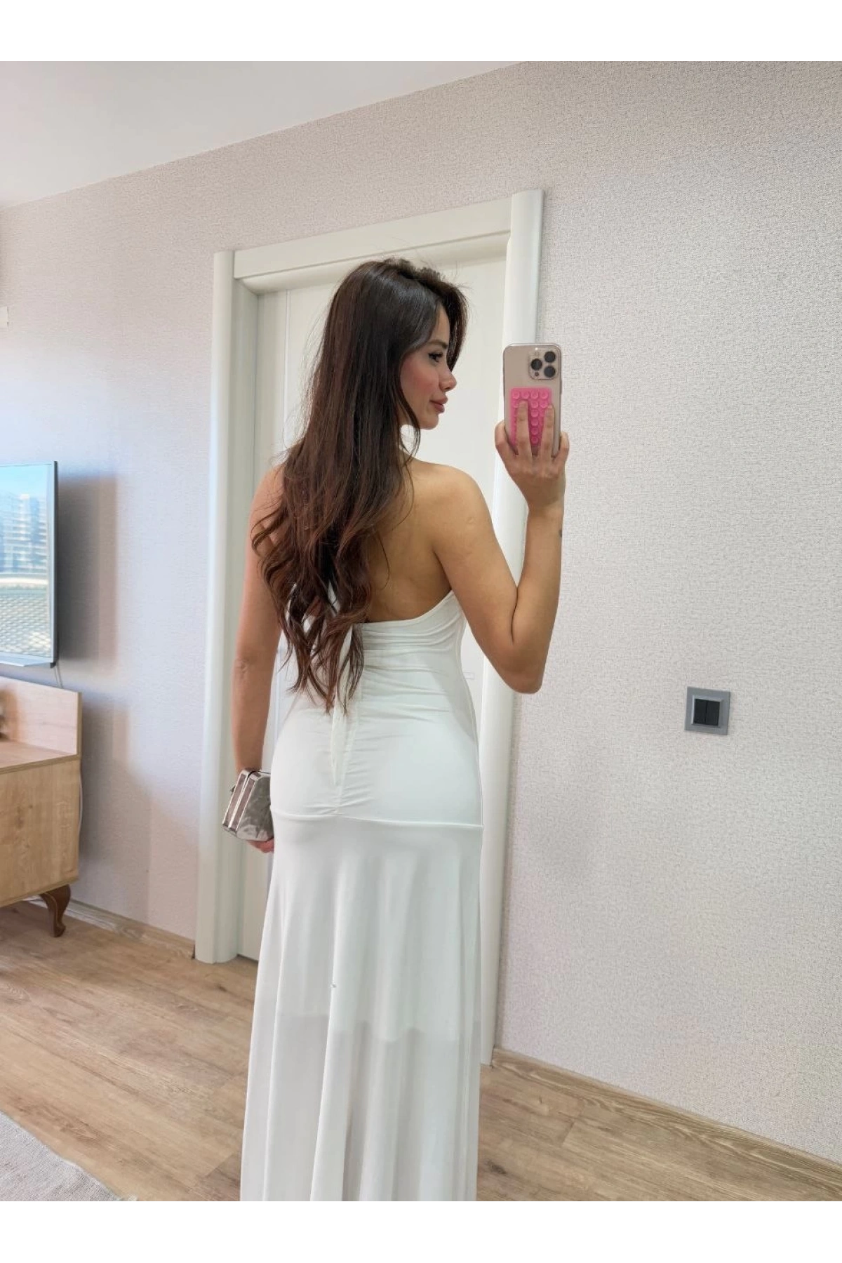 Sırt dekolteli Uzun Elbise - Beyaz