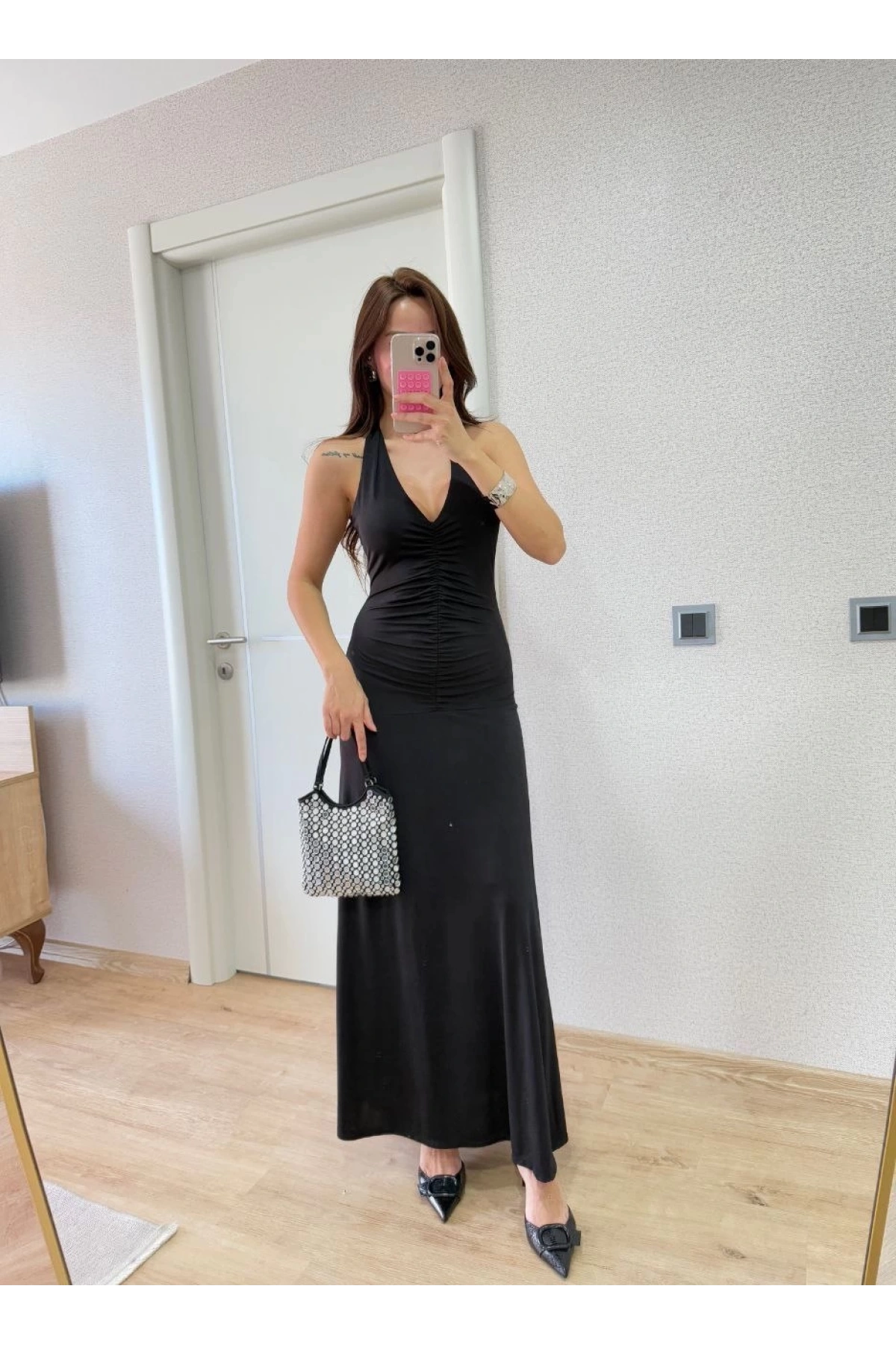 Sırt dekolteli Uzun Elbise - Siyah