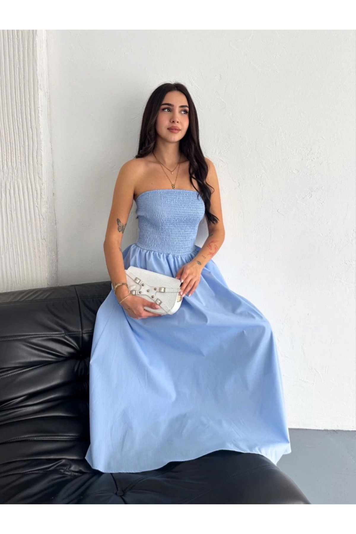 Straplez Pileli Elbise - Açık Mavi