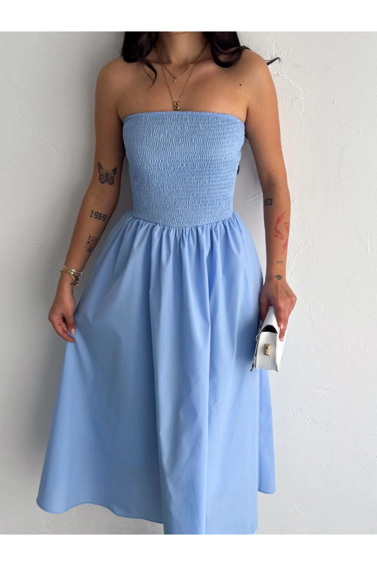 Straplez Pileli Elbise - Açık Mavi