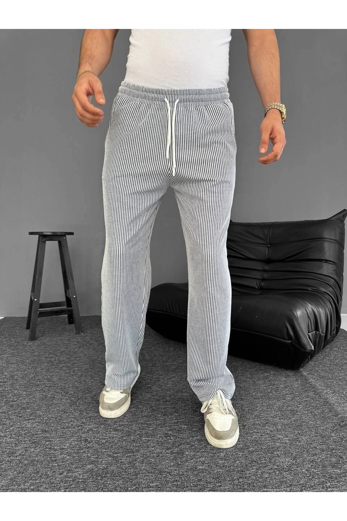 Su Yolu Çizgili Cepli Pantalon Yazlık - Gri