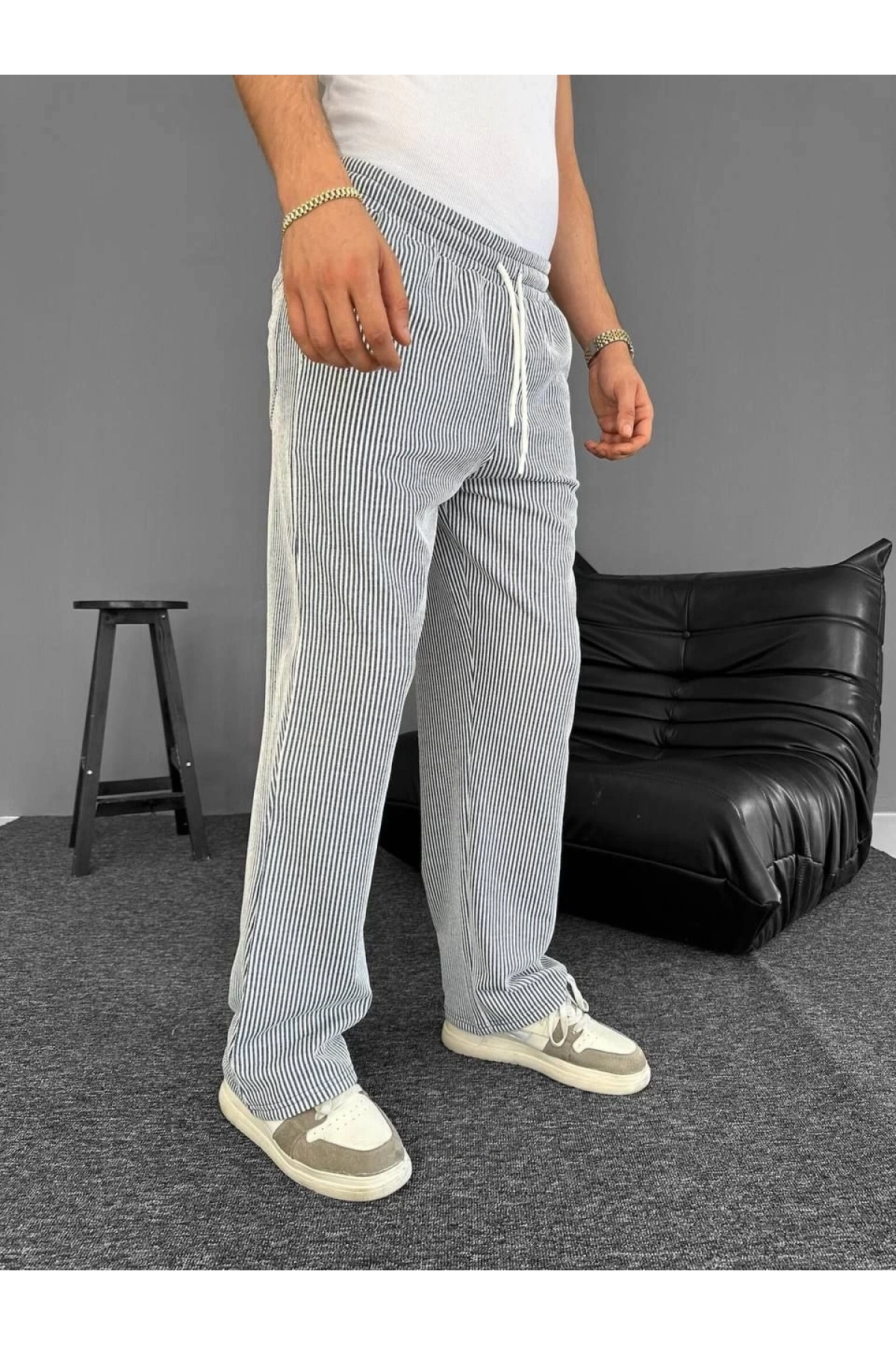 Su Yolu Çizgili Cepli Pantalon Yazlık - Gri