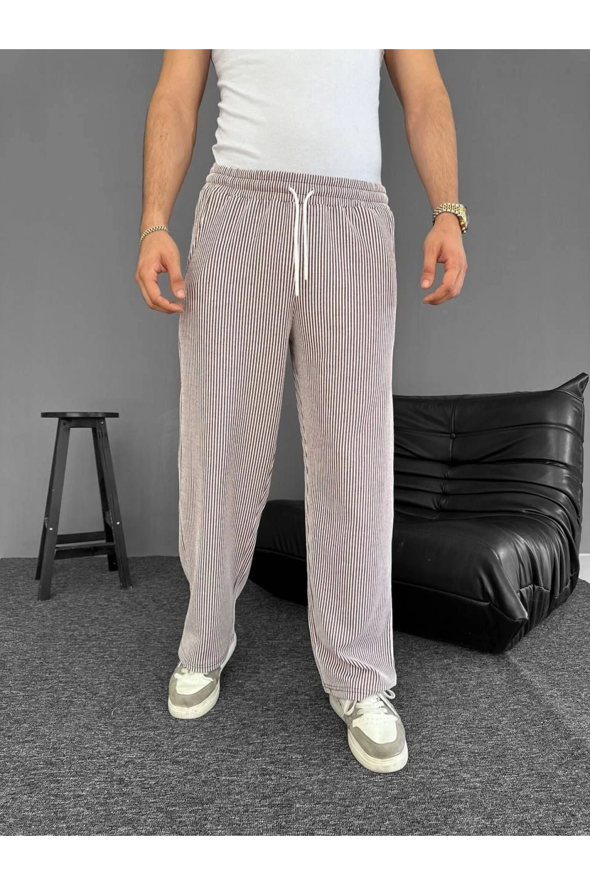 Su Yolu Çizgili Cepli Pantalon Yazlık - Kahverengi