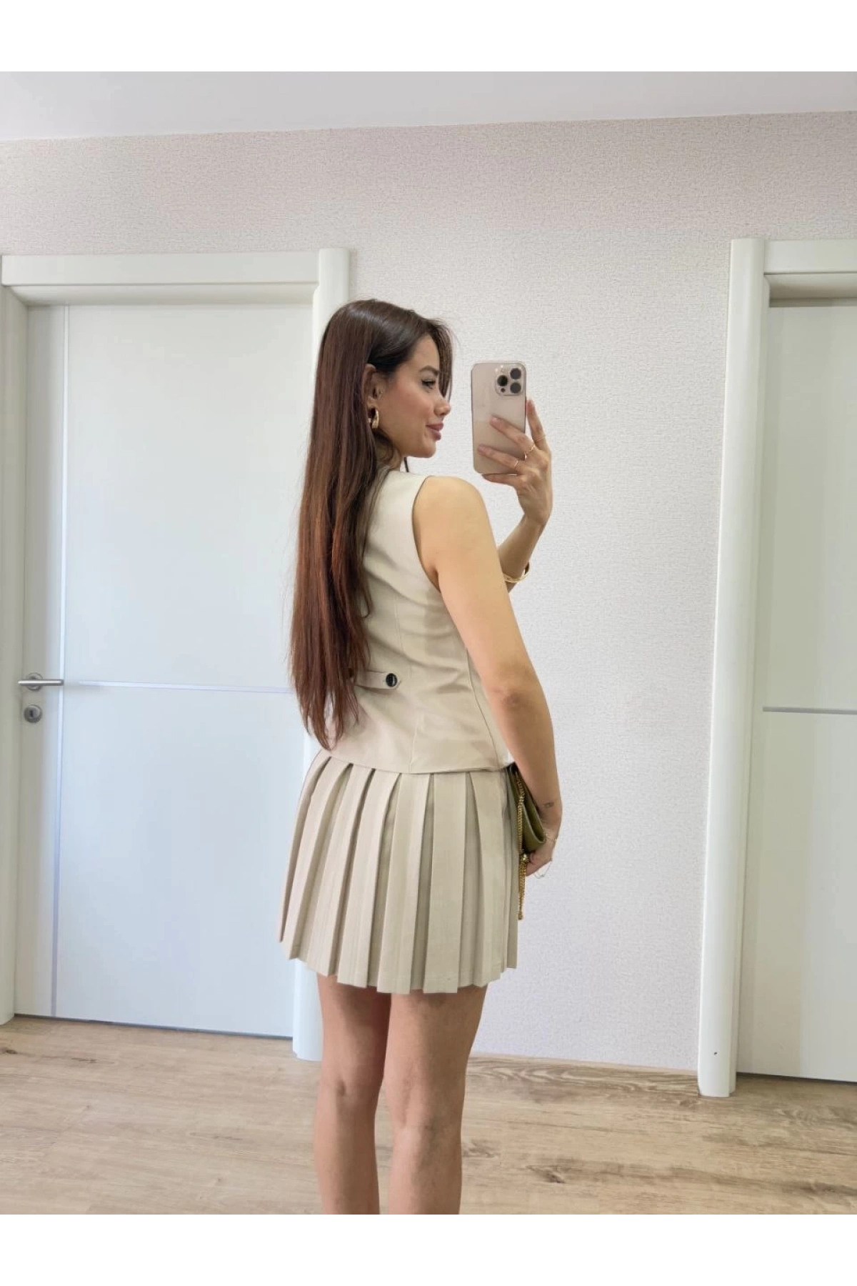 Keten Takım Görünümlü Düğme Detaylı Yelekli Mini Elbise - Bej