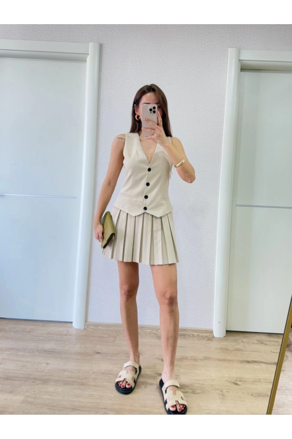 Keten Takım Görünümlü Düğme Detaylı Yelekli Mini Elbise - Bej