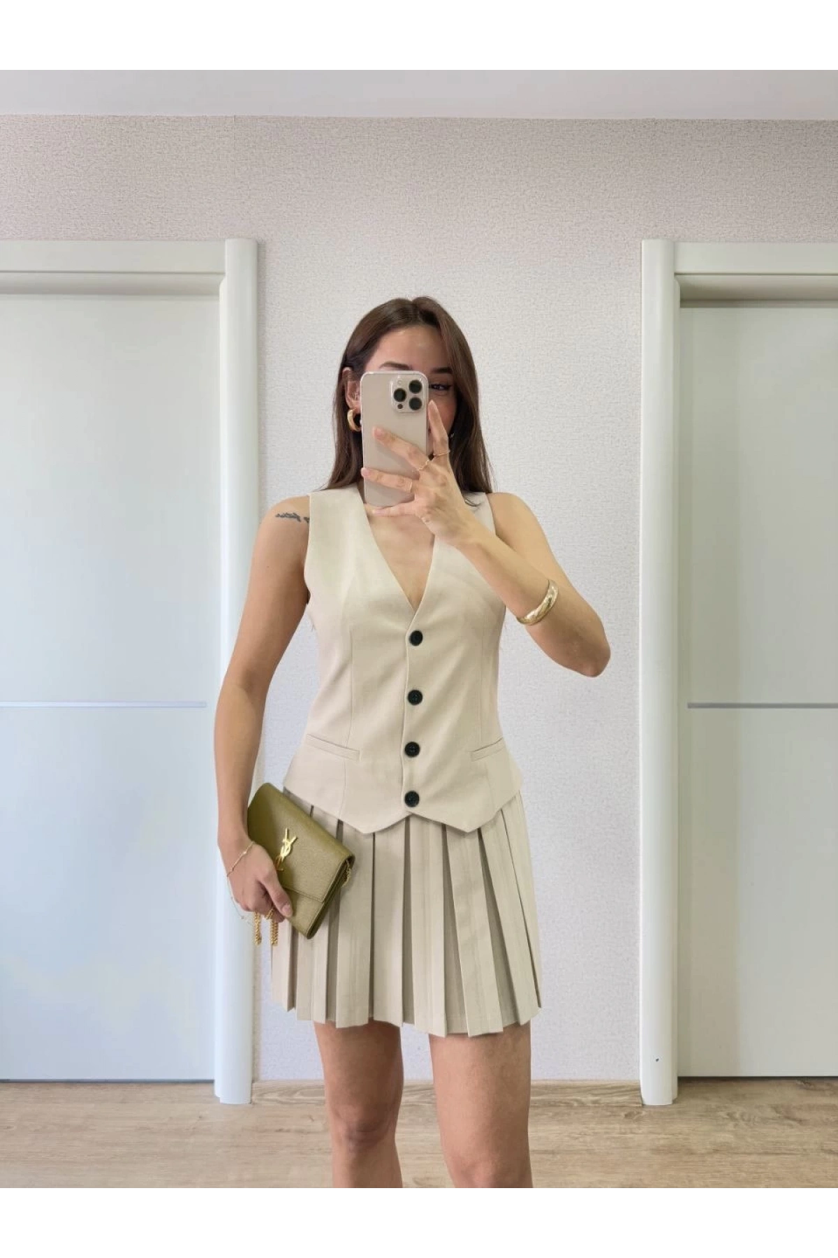 Keten Takım Görünümlü Düğme Detaylı Yelekli Mini Elbise - Bej