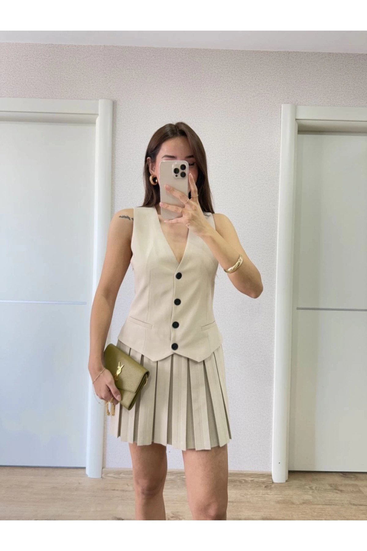 Keten Takım Görünümlü Düğme Detaylı Yelekli Mini Elbise - Bej