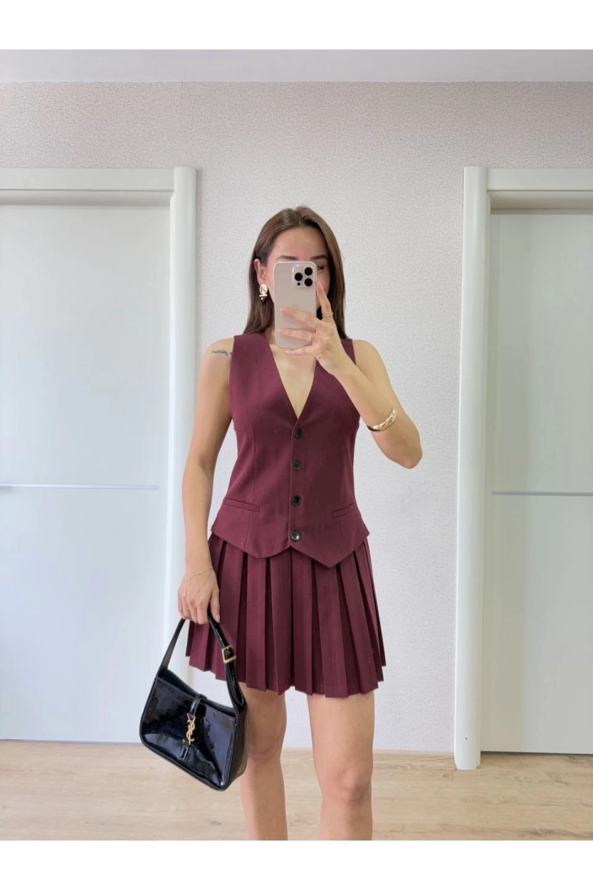 Keten Takım Görünümlü Düğme Detaylı Yelekli Mini Elbise - Bordo