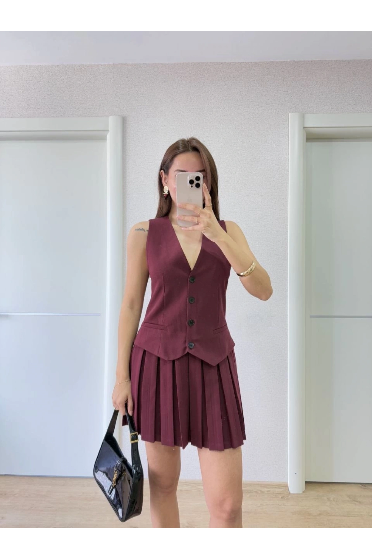 Keten Takım Görünümlü Düğme Detaylı Yelekli Mini Elbise - Bordo