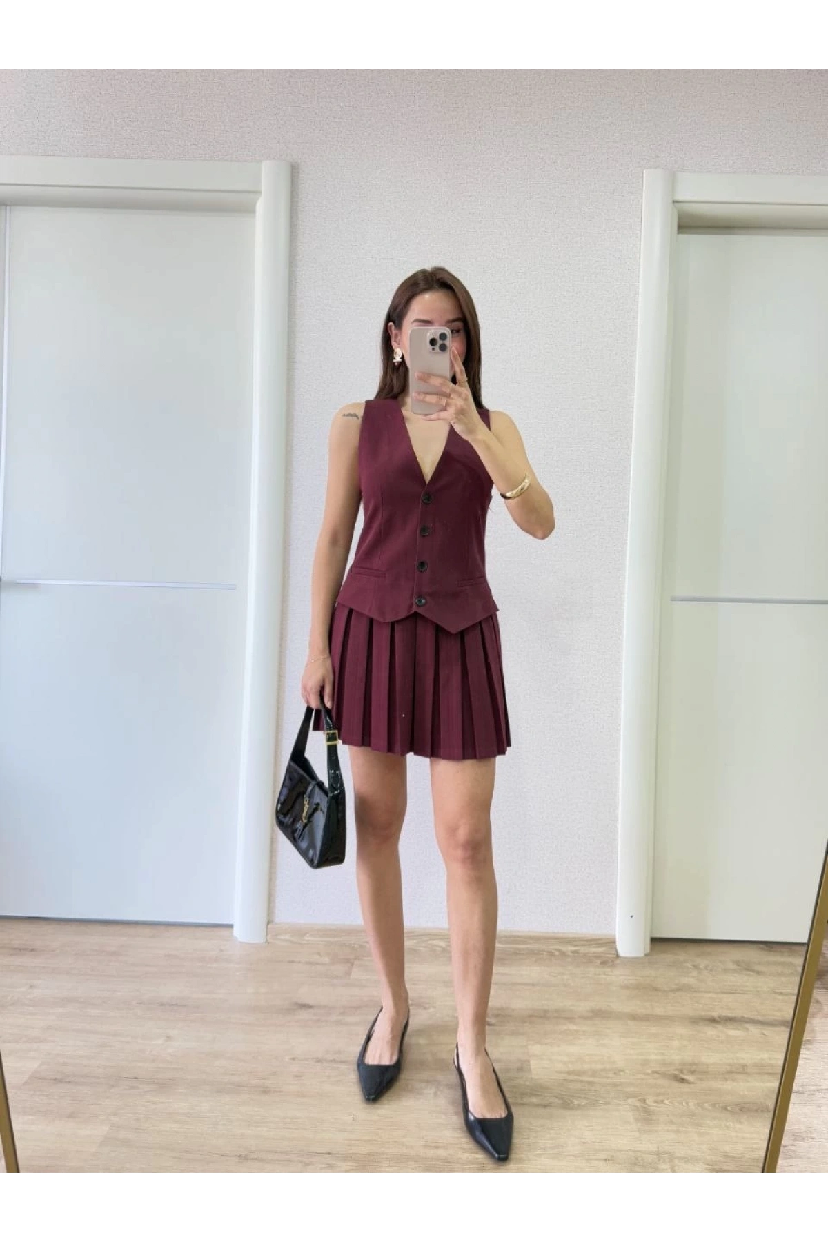 Keten Takım Görünümlü Düğme Detaylı Yelekli Mini Elbise - Bordo