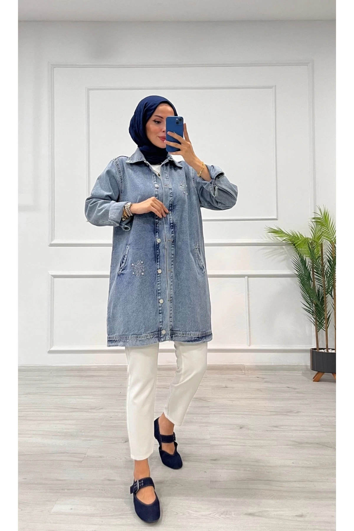 Taşlı tunik ceket kar yıkamalı mavi d2516