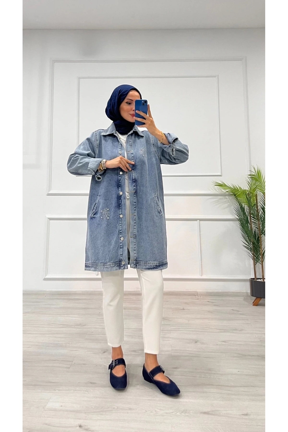 Taşlı tunik ceket kar yıkamalı mavi d2516