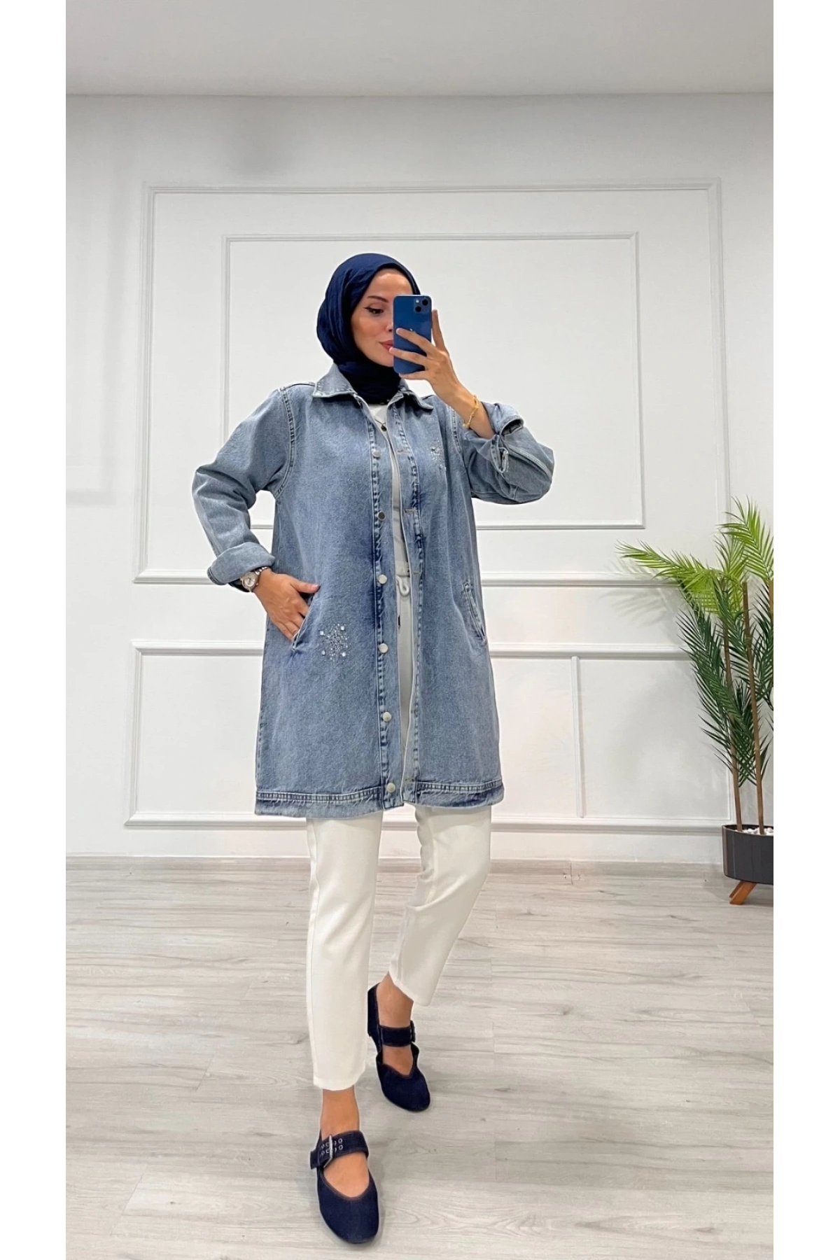 Taşlı tunik ceket kar yıkamalı mavi d2516