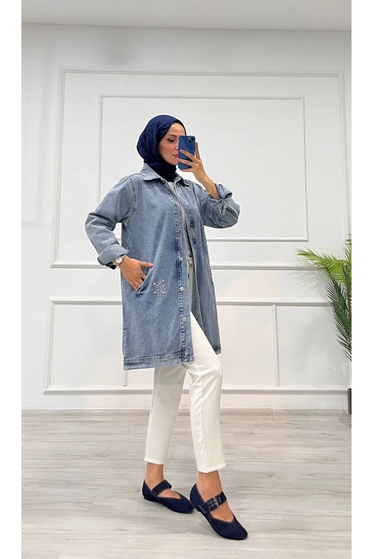 Taşlı tunik ceket kar yıkamalı mavi d2516