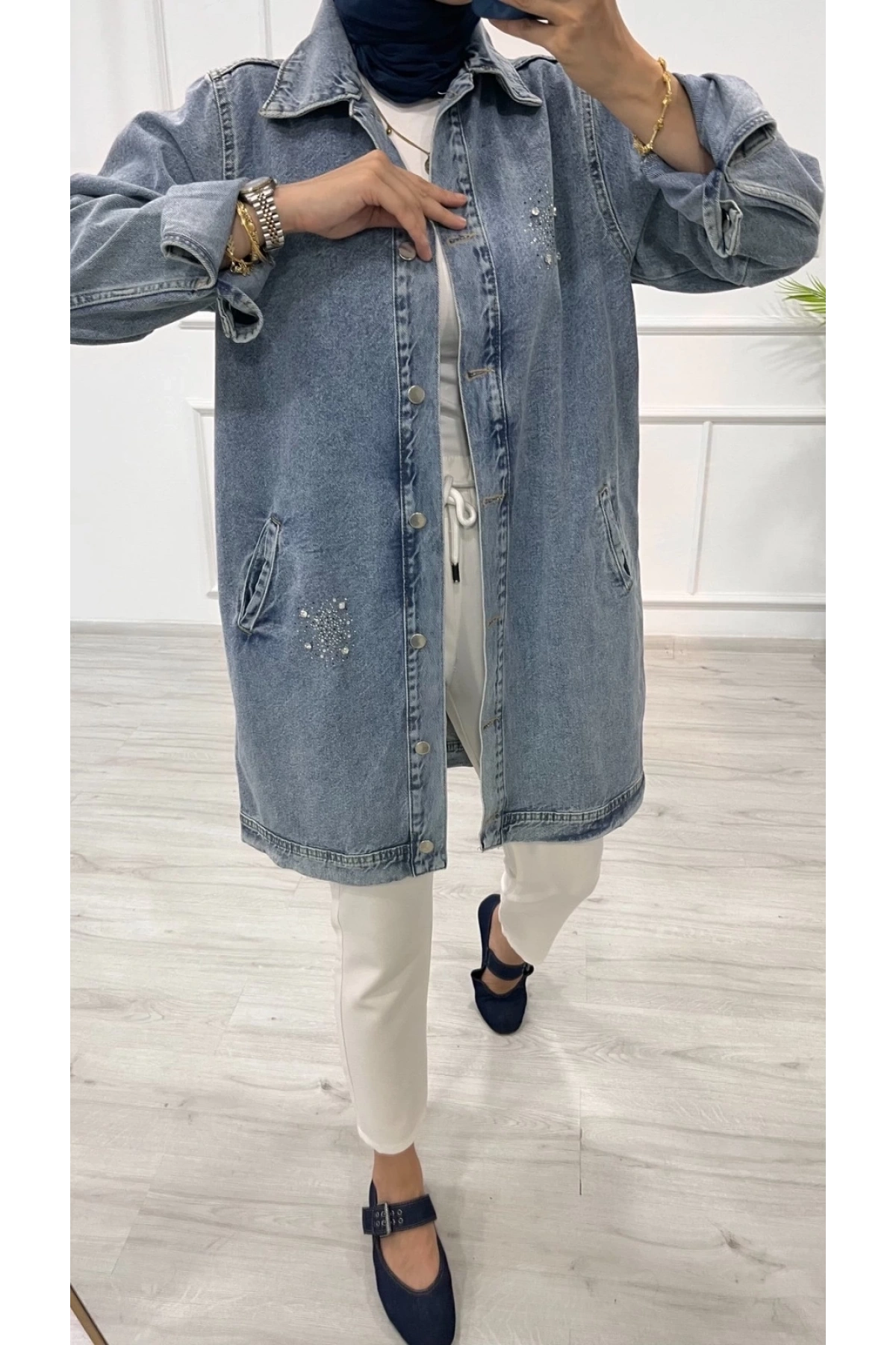 Taşlı tunik ceket kar yıkamalı mavi d2516