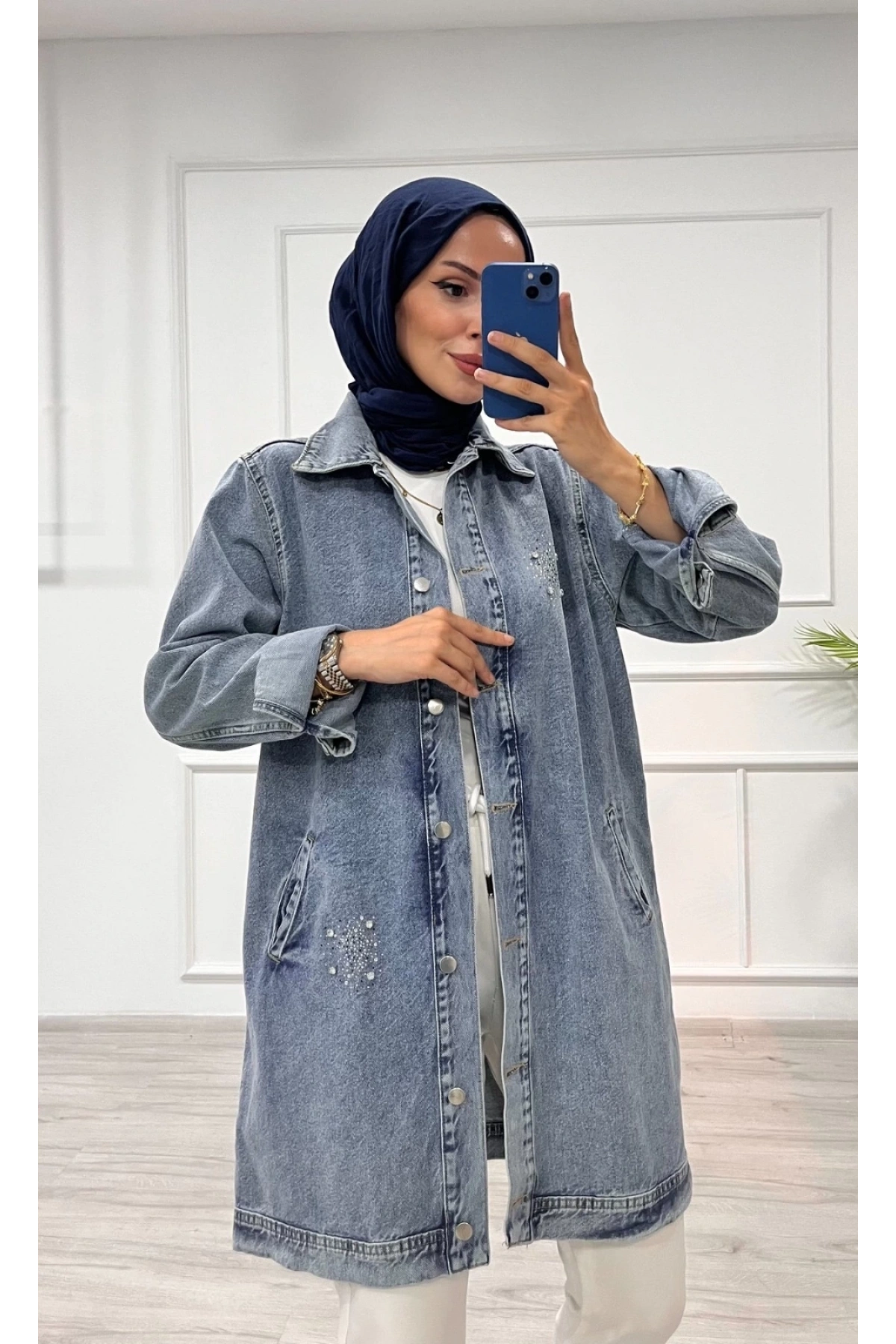 Taşlı tunik ceket kar yıkamalı mavi d2516