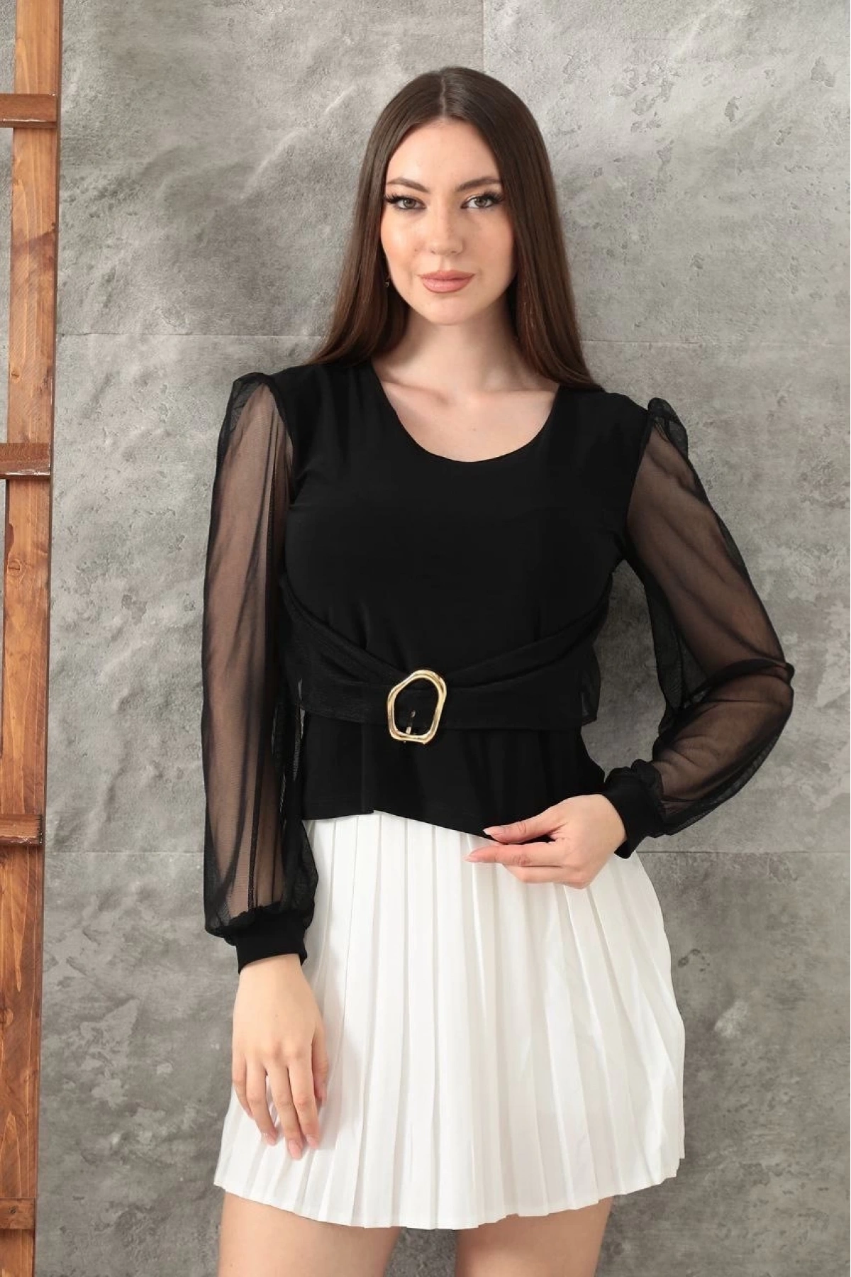 Tokalı tül kollu bluz siyah t4071