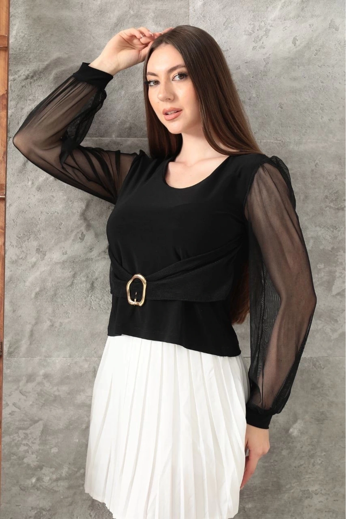 Tokalı tül kollu bluz siyah t4071