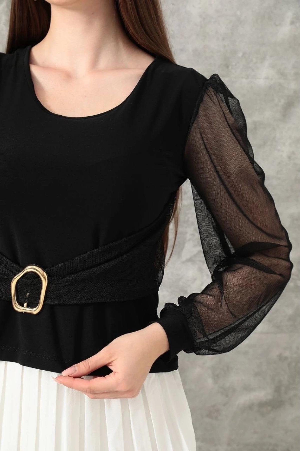 Tokalı tül kollu bluz siyah t4071