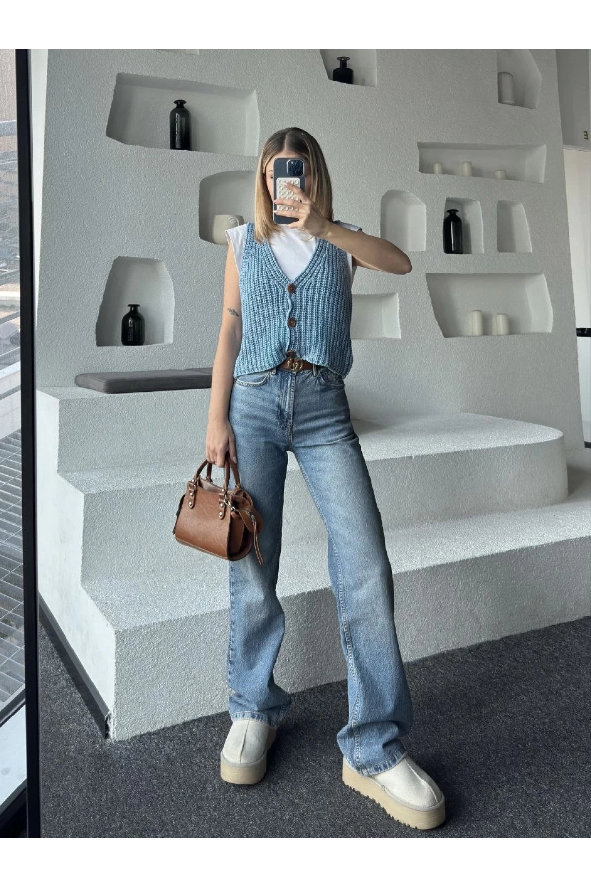 Triko Kolsuz Düğmeli Yelek - Mavi