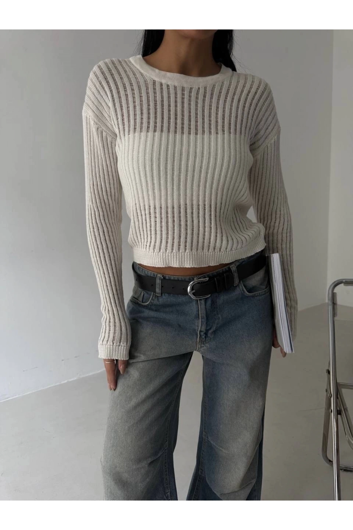 Triko transparent bluz beyaz