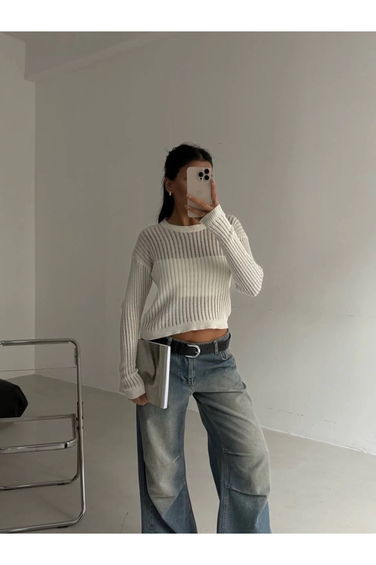 Triko transparent bluz beyaz