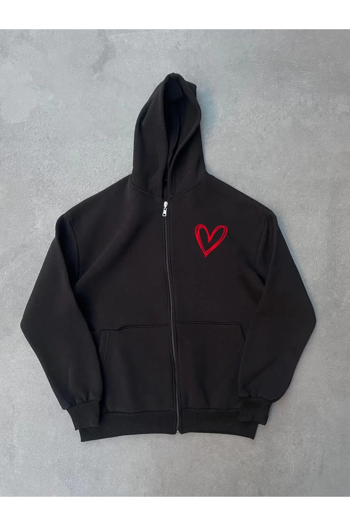 Üç İplik Baskılı Fermuarlı Kapüşonlu Hırka - Siyah