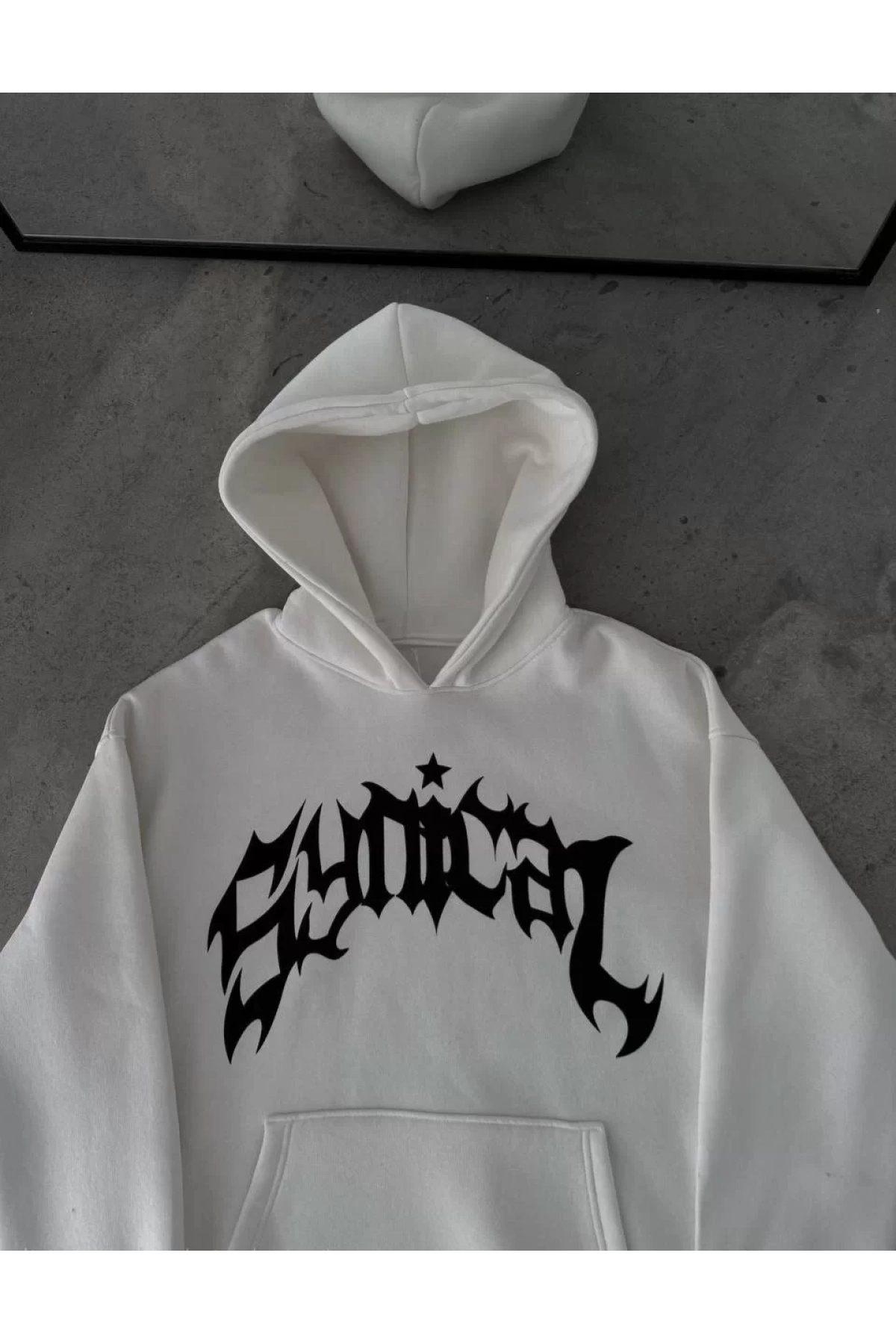 Üç İplik Kapüşonlu Baskılı Oversize SweatShirt- Beyaz