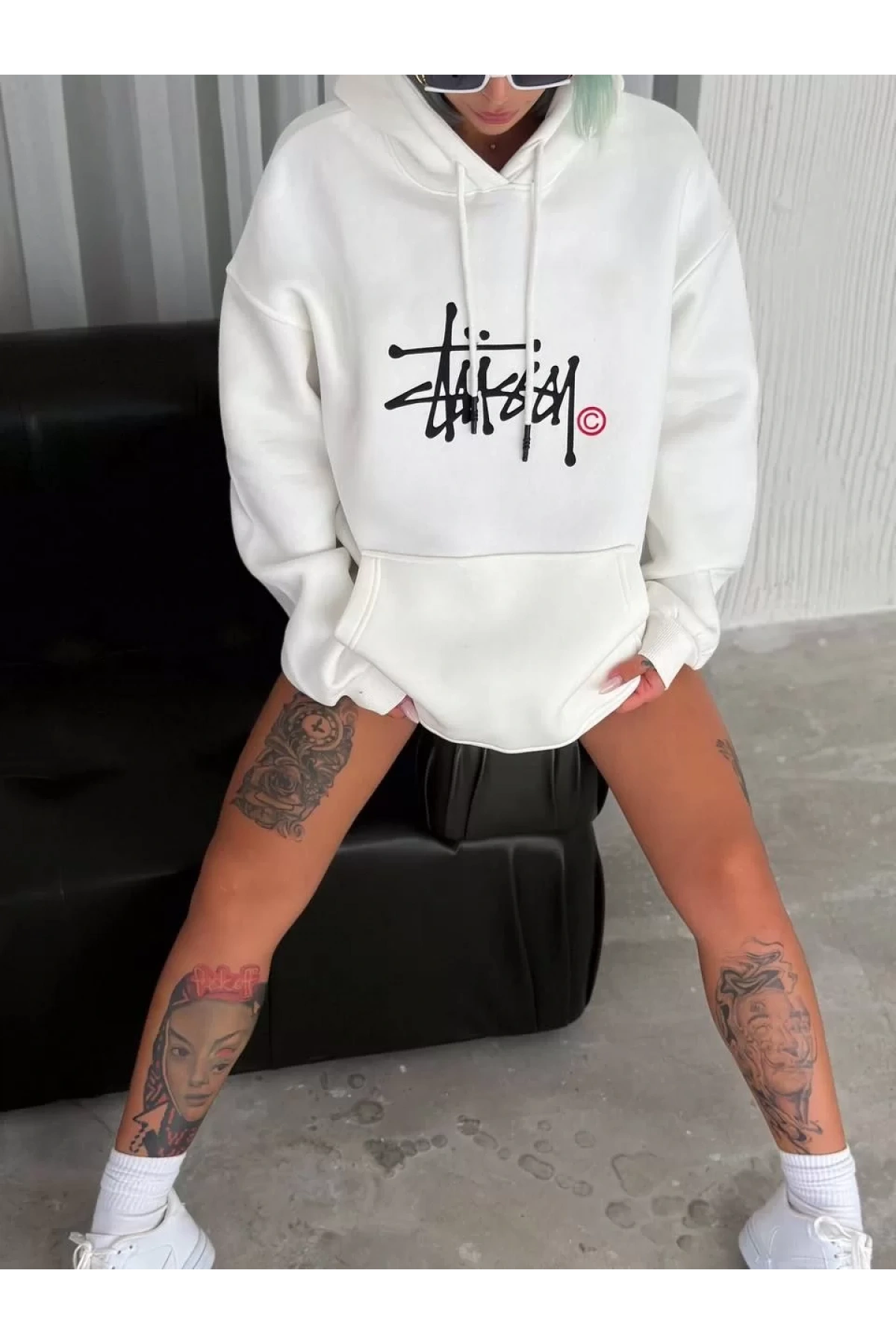 Üç İplik Kapşonlu Baskılı SweatShirt - Beyaz