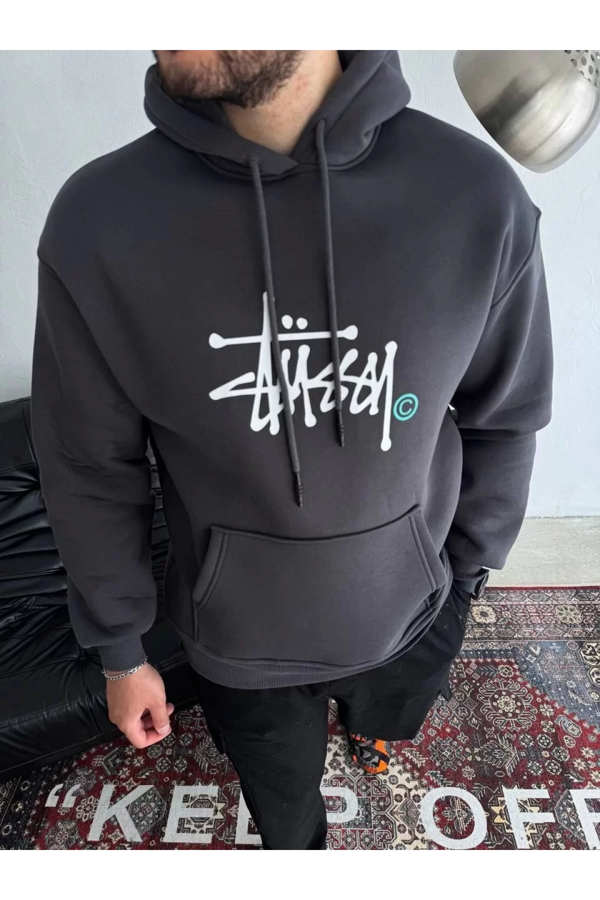 Üç İplik Kapşonlu Baskılı SweatShirt - Füme
