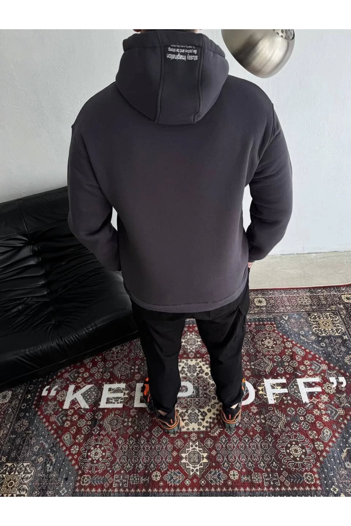 Üç İplik Kapşonlu Baskılı SweatShirt - Füme