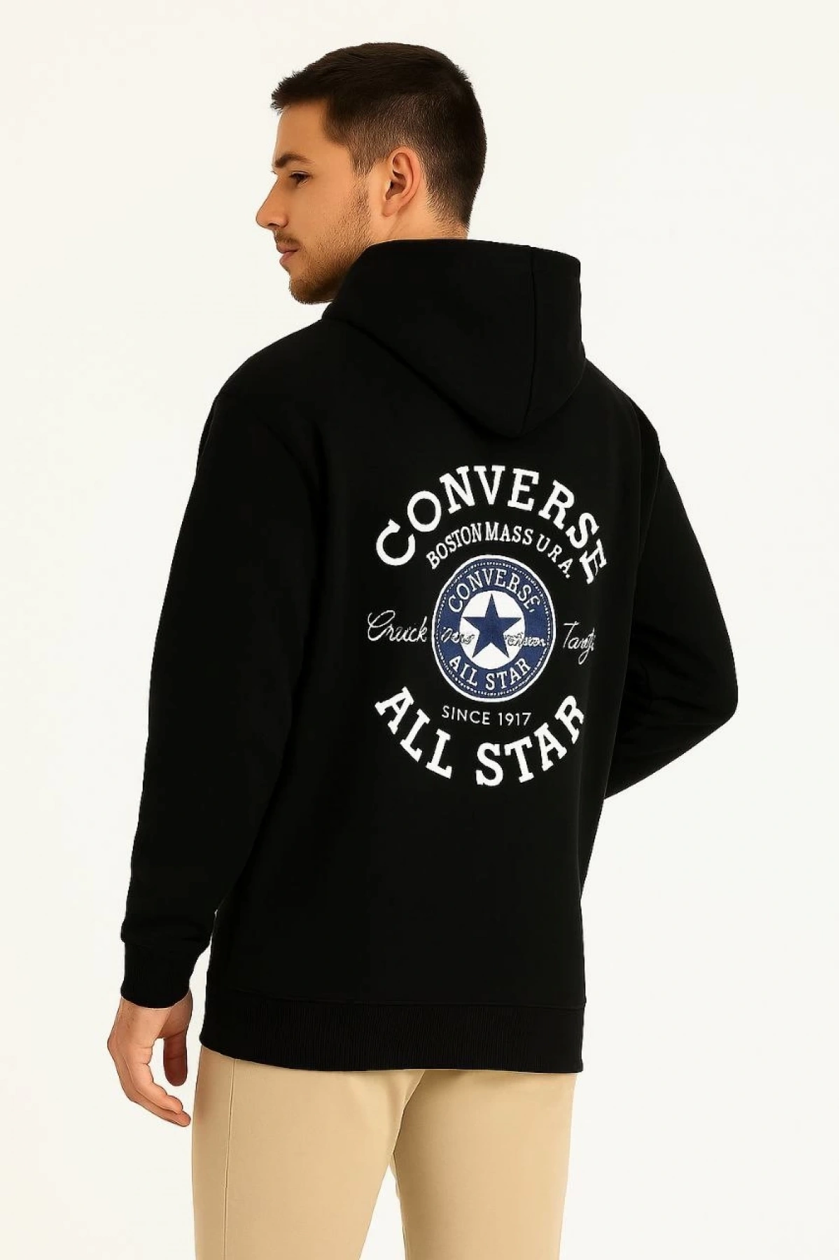 Erkek Kapşonlu Sweatshirt – Üç İplik Şardonlu Kumaş, Oversize Fit, Ön & Arka Baskılı, Kanguru Cepli, Kışlık Rahat Hoodie- Siyah