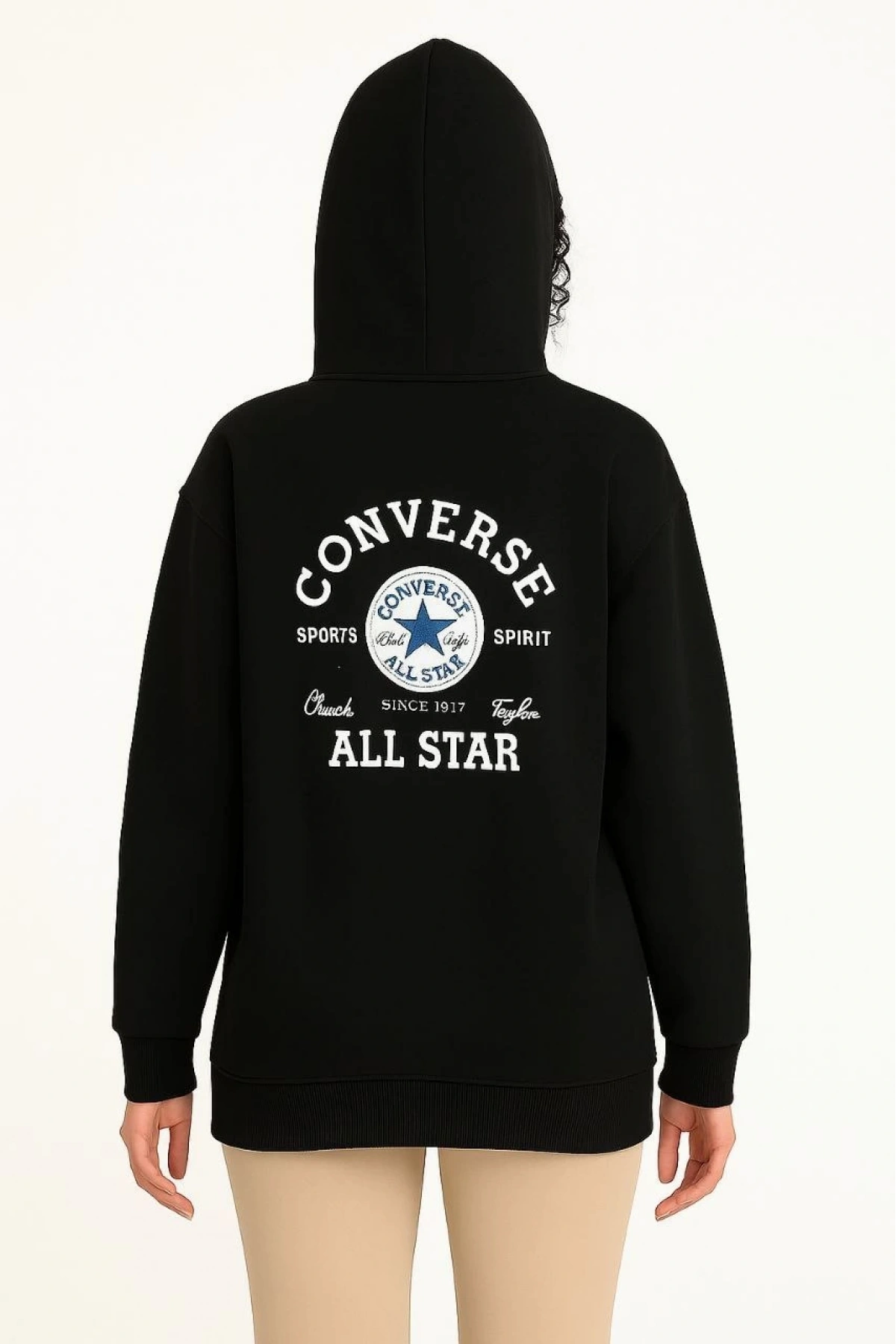 Kadın Kapşonlu Sweatshirt – Üç İplik Şardonlu Kumaş, Oversize Fit, Ön & Arka Baskılı, Kanguru Cepli, Kışlık Rahat Hoodie- Siyah