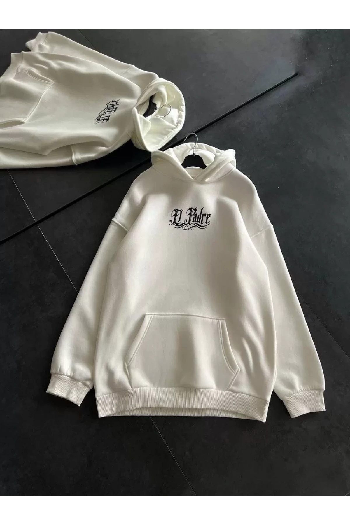 Üç İplik Penye Uzun Kol Kapüşonlu Baskılı SweatShirt - Beyaz