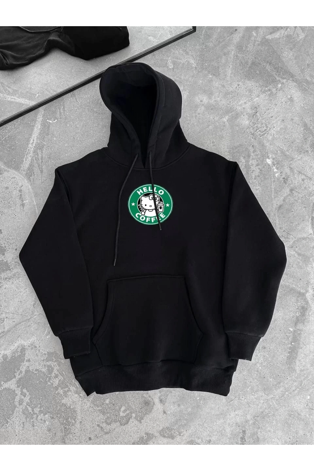 Üç İplik Penye Uzun Kol Kapüşonlu SweatShirt - Siyah