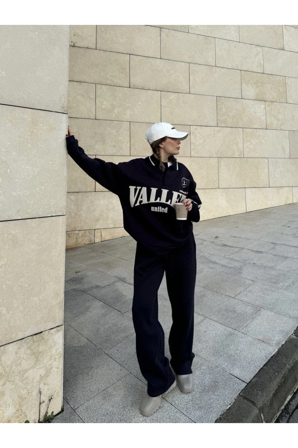 Üç İplik Yakalı Sweat Baggy Pantalonlu Takım - Siyah