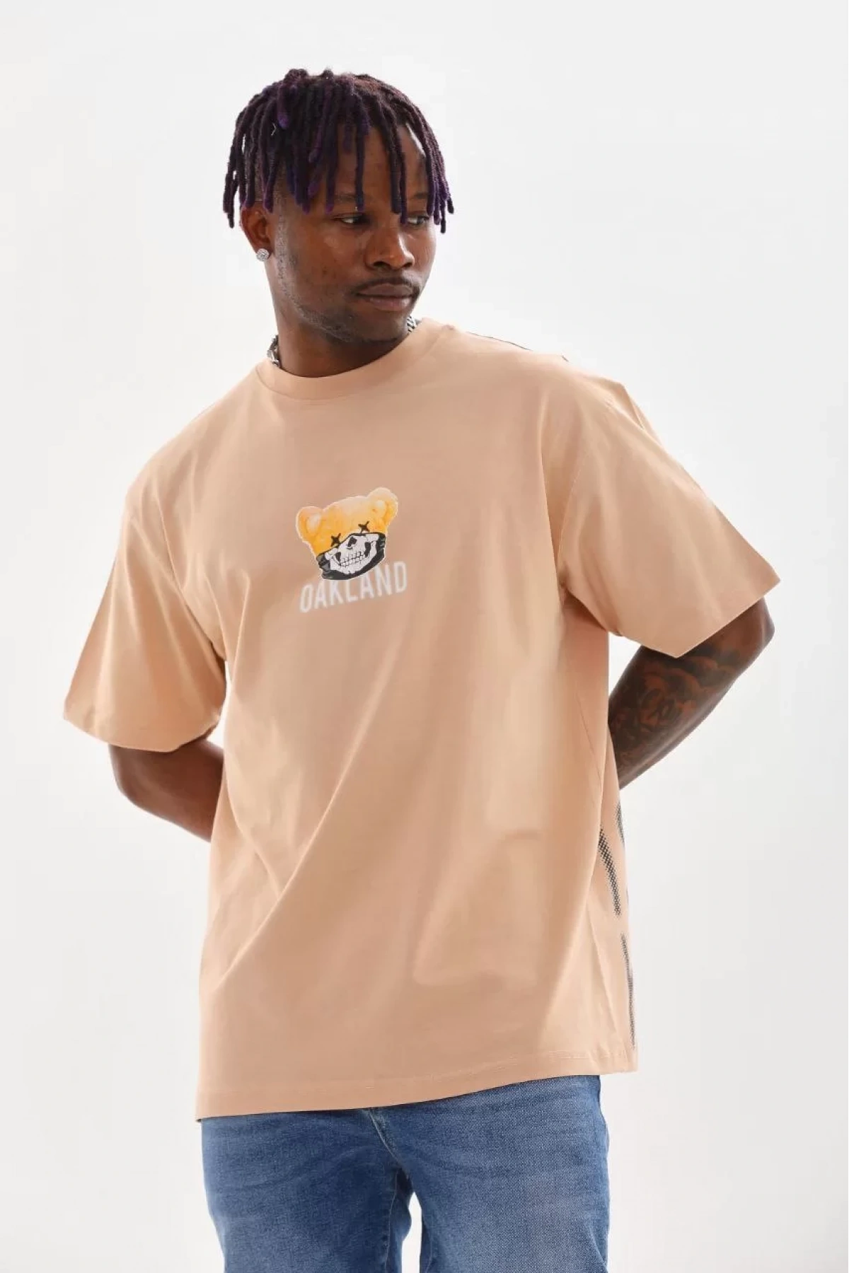 Unisex Baskılı Oversize T-Shirt - Bej