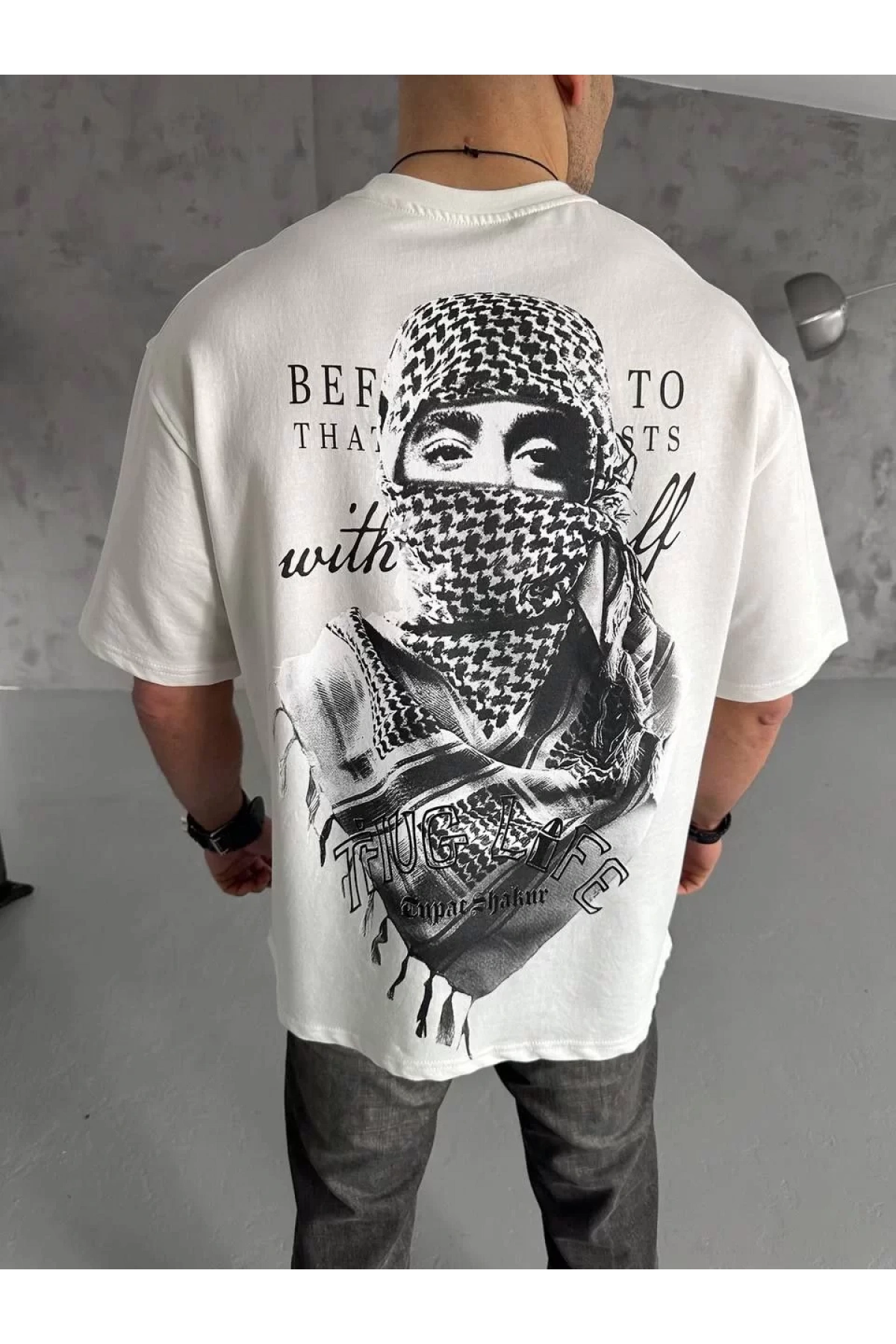 Unisex Baskılı Oversize T-Shirt - Beyaz