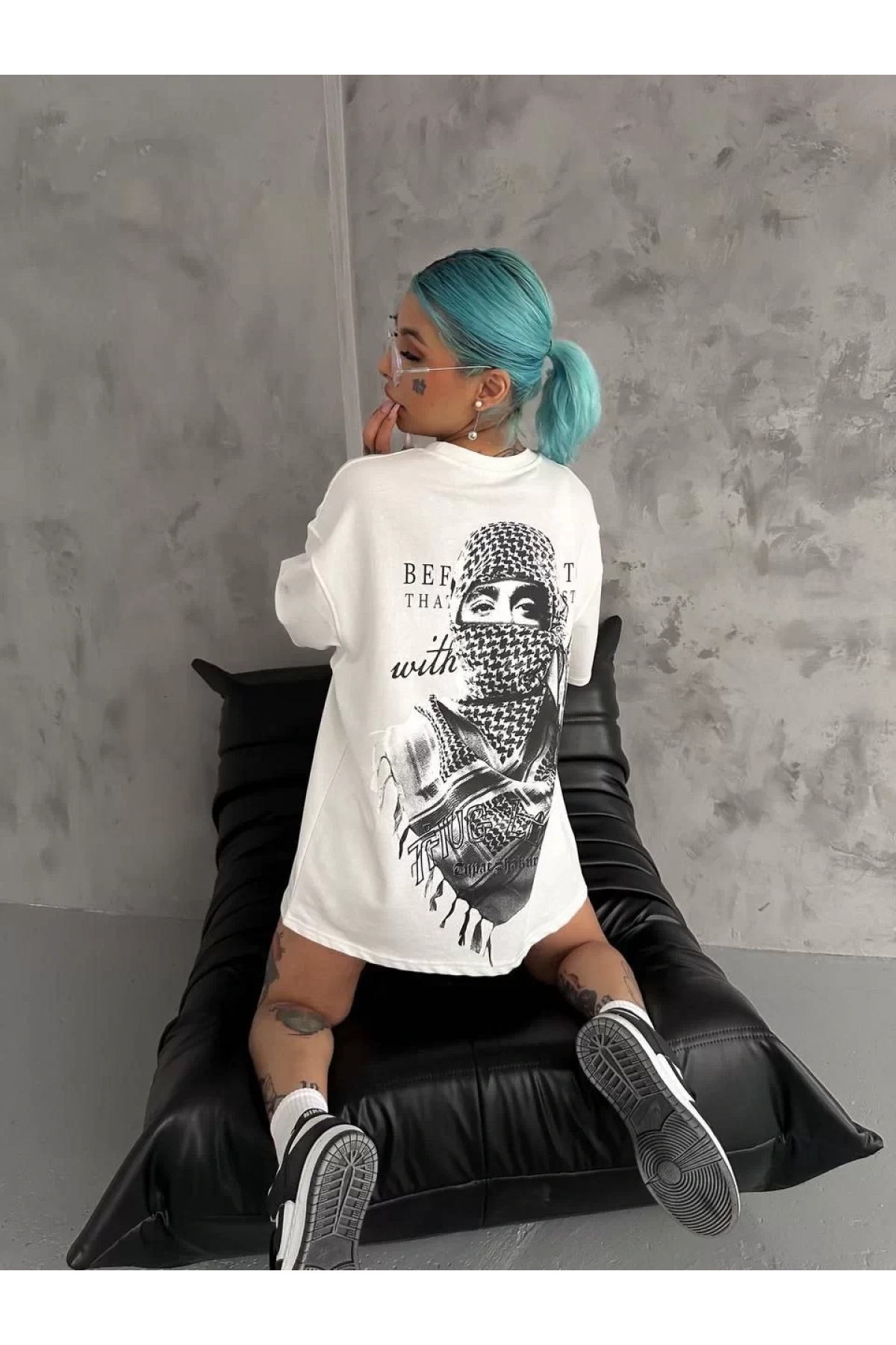 Unisex Baskılı Oversize T-Shirt - Beyaz