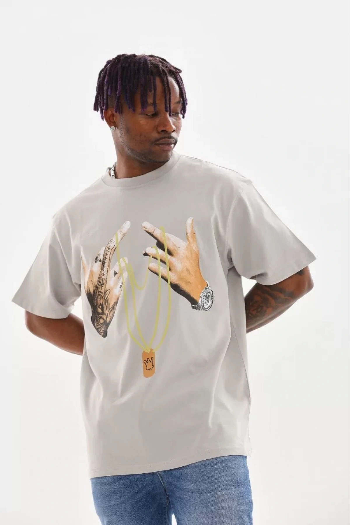 Unisex Baskılı Oversize T-Shirt - Gri