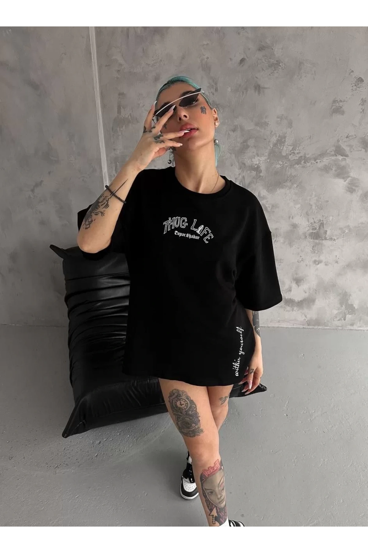 Unisex Baskılı Oversize T-Shirt - Siyah