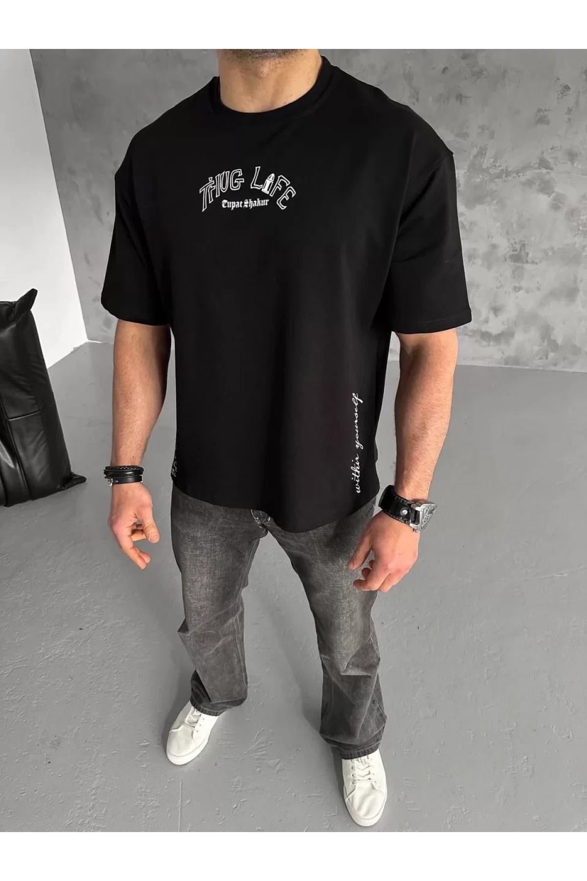 Unisex Baskılı Oversize T-Shirt - Siyah