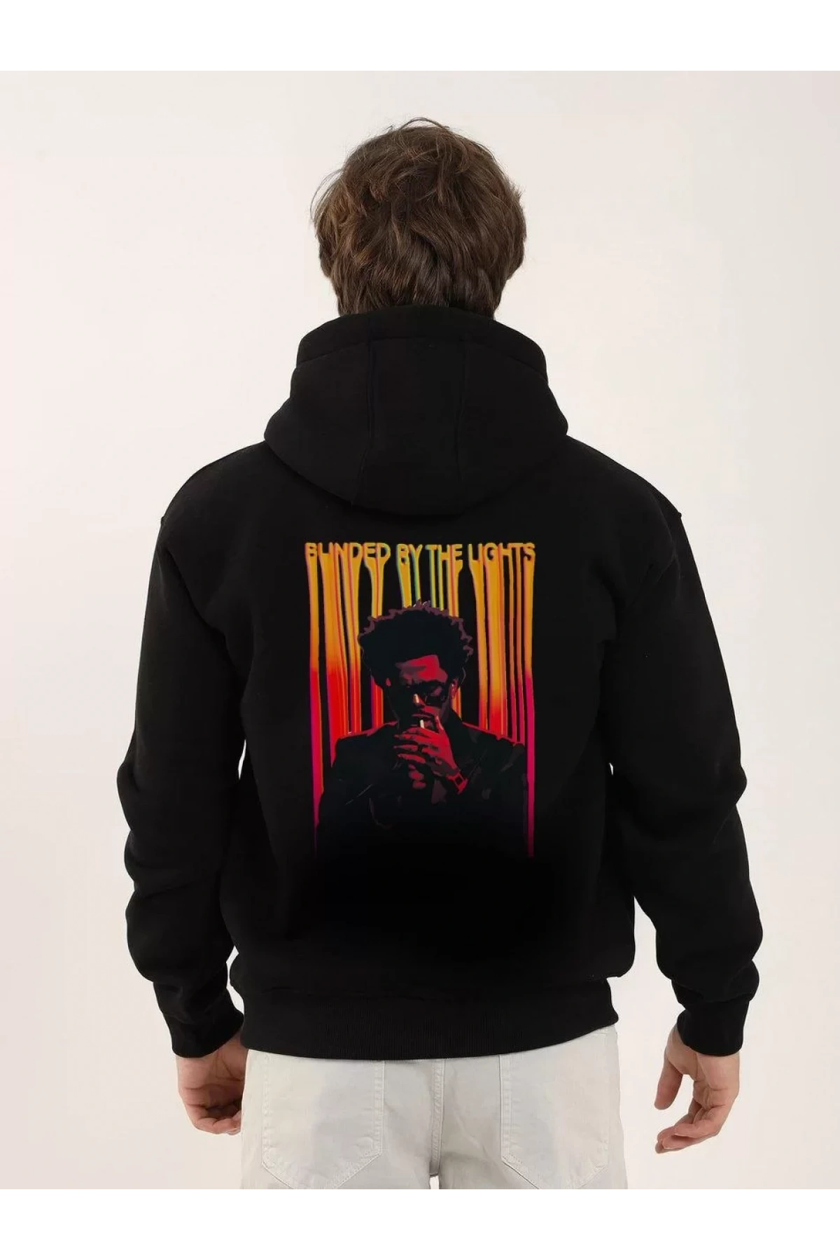 Unisex Baskılı Oversize Üç İplik Kapüşonlu Sweatshirt - Siyah