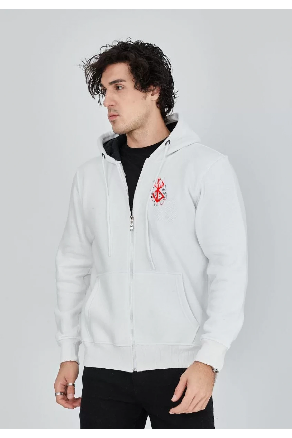 Unisex Baskılı Tam Fermuarlı Kapşonlu SweatShirt - Beyaz